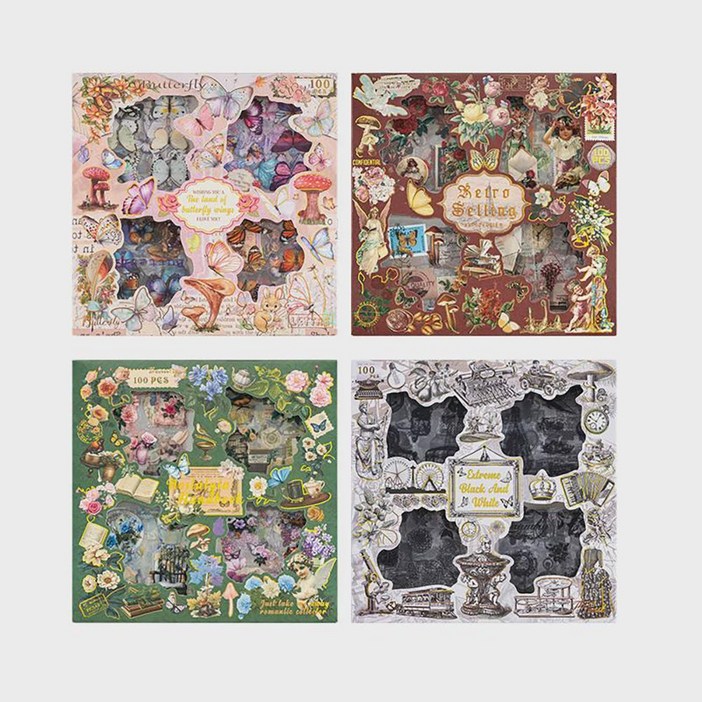 100장 스티커 빈티지 다꾸스티커 다이어리꾸미기 레트로 모노 인스 다꾸세트, 100매, 나비