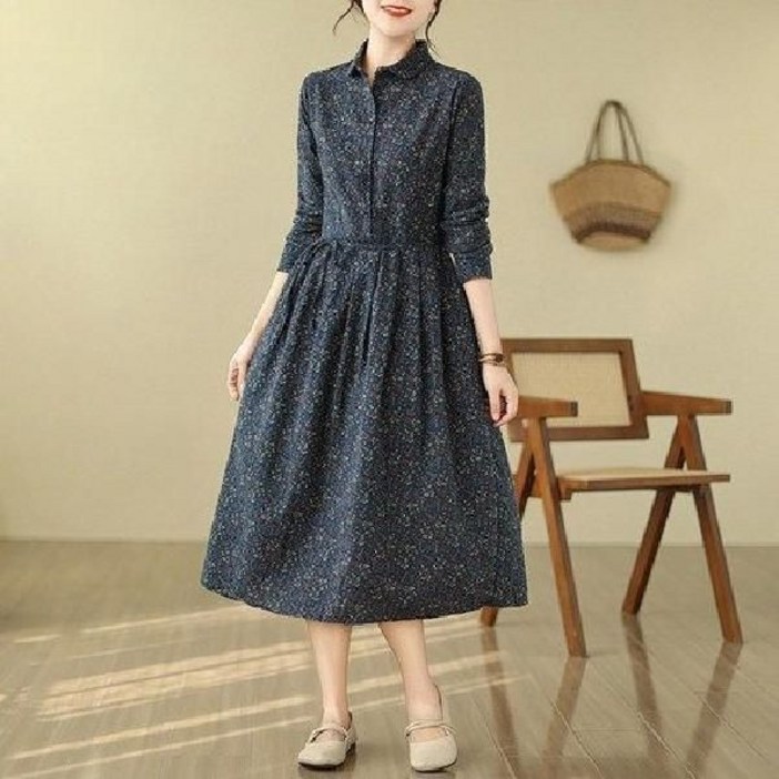 POMTOR 봄 가을 여성 플라워 긴팔 원피스 면 린넨 터틀넥 허리 조임 미디 체형커버 원피스