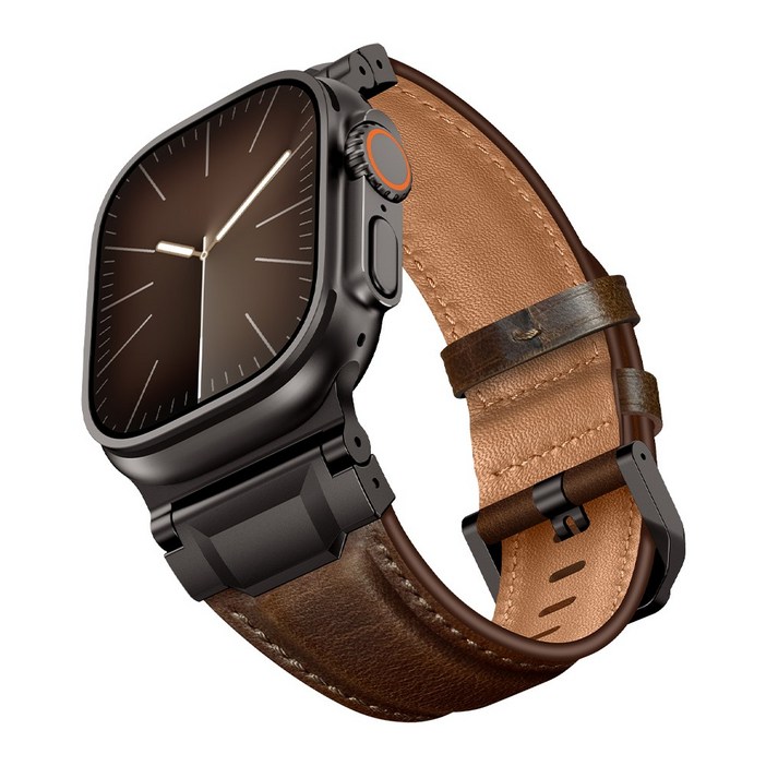 애플워치 가죽 스트랩 천연 소가죽 울트라 호환 클래식 스타일 시계줄, 1개, 블랙빈티지 다크 브라운