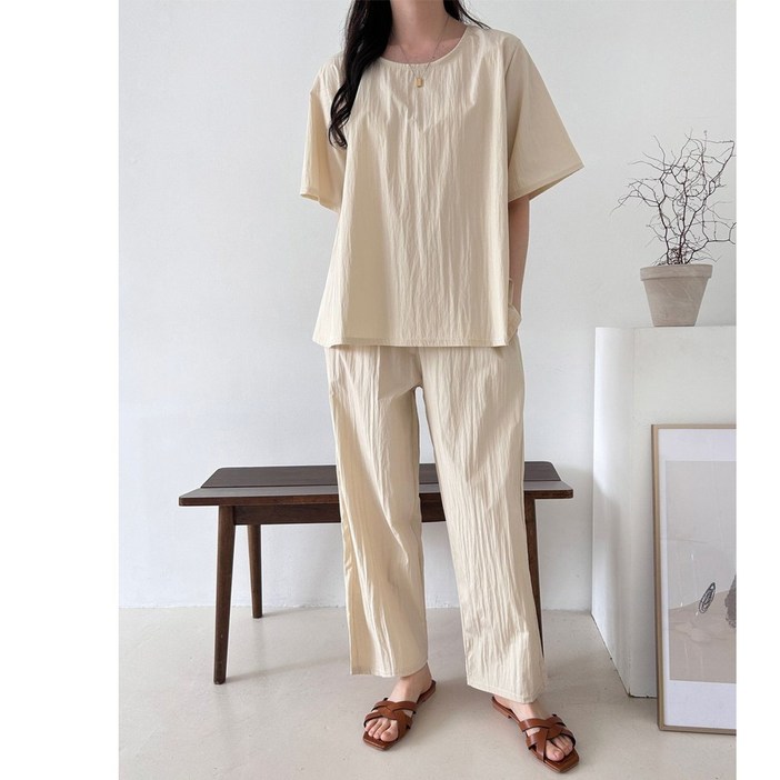 p878 베니플레어 배기세트 바스락 아노락 라운드 플레어롱티 밴딩배기팬츠 셋업 시원한