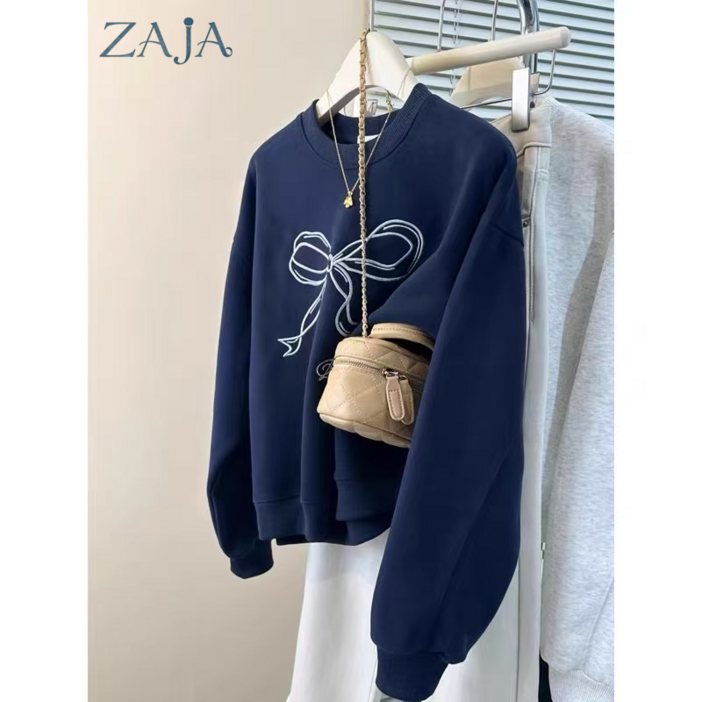 ZAJA 여성 데일리 캐주얼 오버핏 리본 맨투맨 긴팔티셔츠