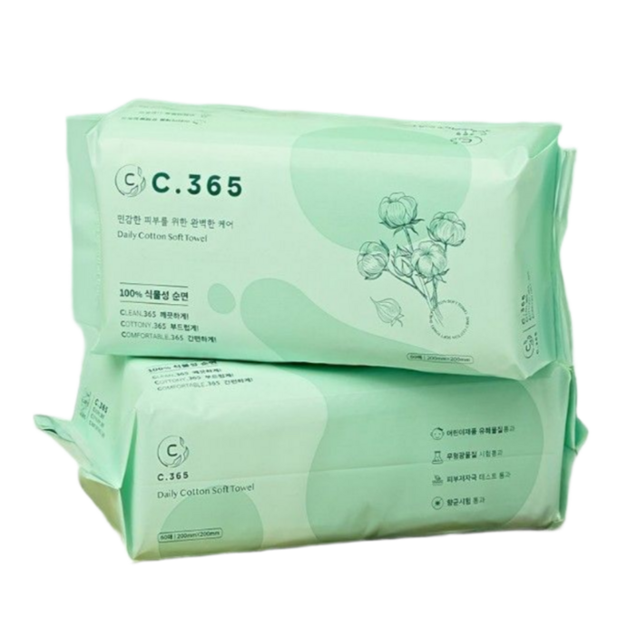 C.365 일회용 페이스타올 순면 100 독일Dermatest 무형광 유아동안전 항균, 12개, 60개입