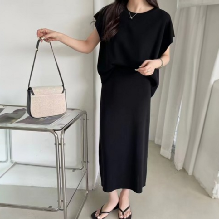 하모리 시원한 여름 쿨소재 날씬해 보이는 루즈핏 라운드넥 캡소매 허리밴딩 롱스커트 니트 상하세트