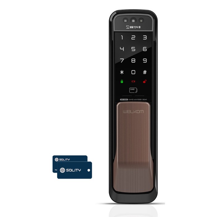 솔리티 웰콤 얼굴안면인식 WP-500A 무타공 푸시풀 카드키2개+번호키 블루투스(옵션) 빠르고 편리한 3D 얼굴인증 현관문 디지털도어락 푸쉬풀 도어록 즉시잠김 허수기능, 웰콤 WP-500A, 고객직접설치