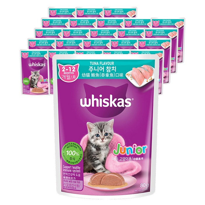 위스카스 주니어 고양이 주식파우치, 참치, 80g, 24개 위스카스 주니어 고양이 주식파우치, 참치, 80g, 24개