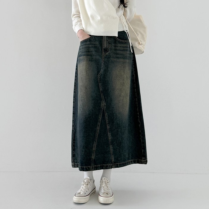 라라온 기본/숏 기장 2단 빈티지 워싱 A라인 롱 데님 스커트 25TSP3373