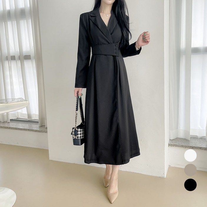 엘쏘 고퀄 상견례 하객룩 라펠 벨트 플레어 긴팔 롱 원피스