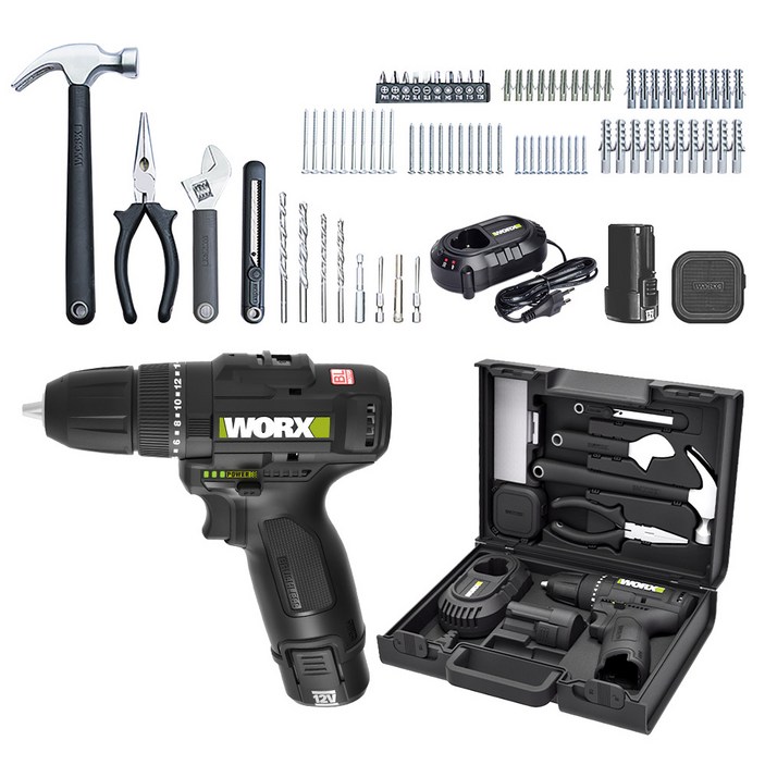 WORX 12V 충전 드릴 전동 드라이버 세트 WE211.4, 본품 + 배터리1개, 1세트
