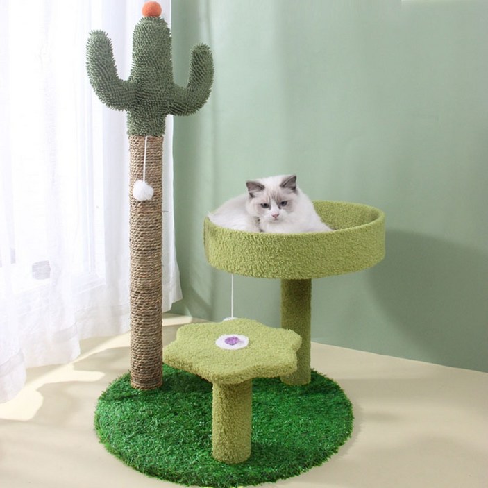 고양이호텔 PETCA 고양이 기둥형 3단 선인장 스크래쳐 캣타워 고양이장난감, 그린