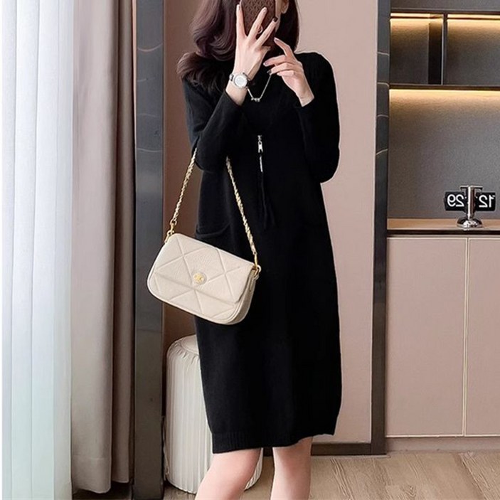 POMTOR 가을겨울 여성 루즈핏 시크 빅사이즈 니트 반집업 미디 조끼 스웨터 원피스