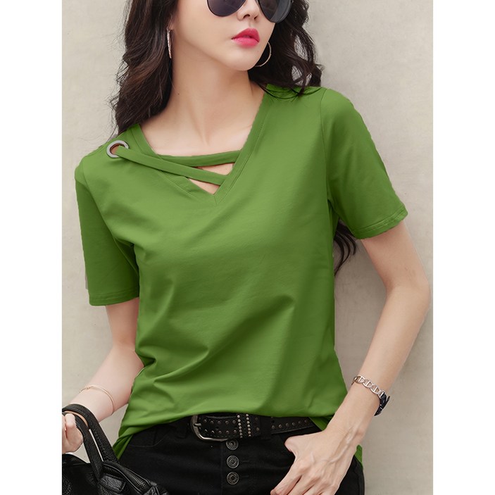여름 신상 브이넥 반팔 캐주얼 티 상의