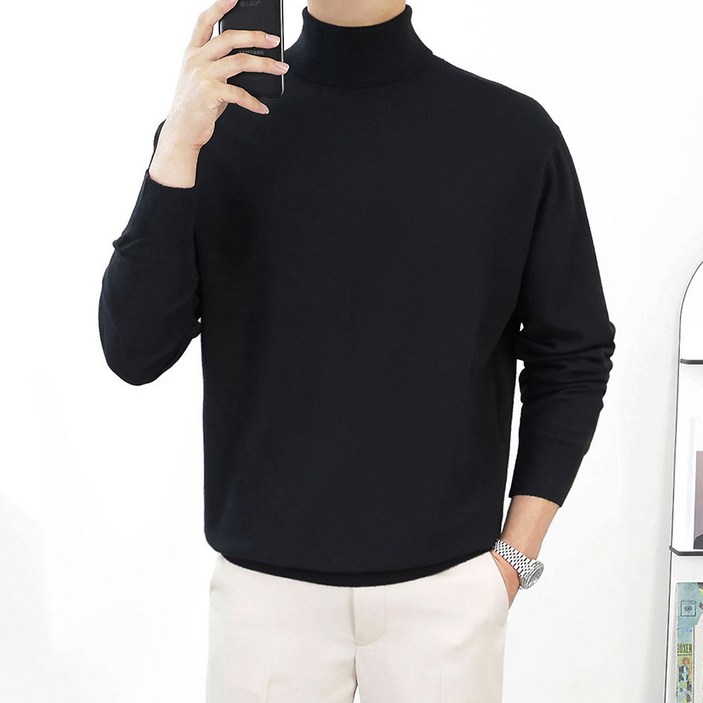 로코비전 남성 목폴라 니트 캐시미어 터틀넥 오버핏 부드러운 스웨터