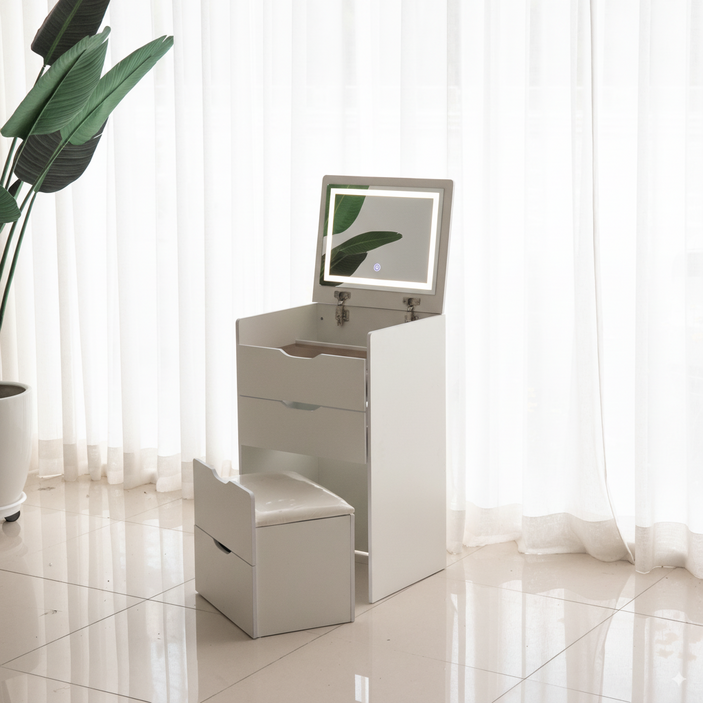 에스엘가구 화장대세트의자포함 미니 화장대 수납장, 화이트 48LED