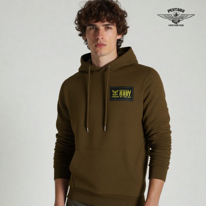 펜타온 카키 USS NAVY 사각 로고 후드 티셔츠