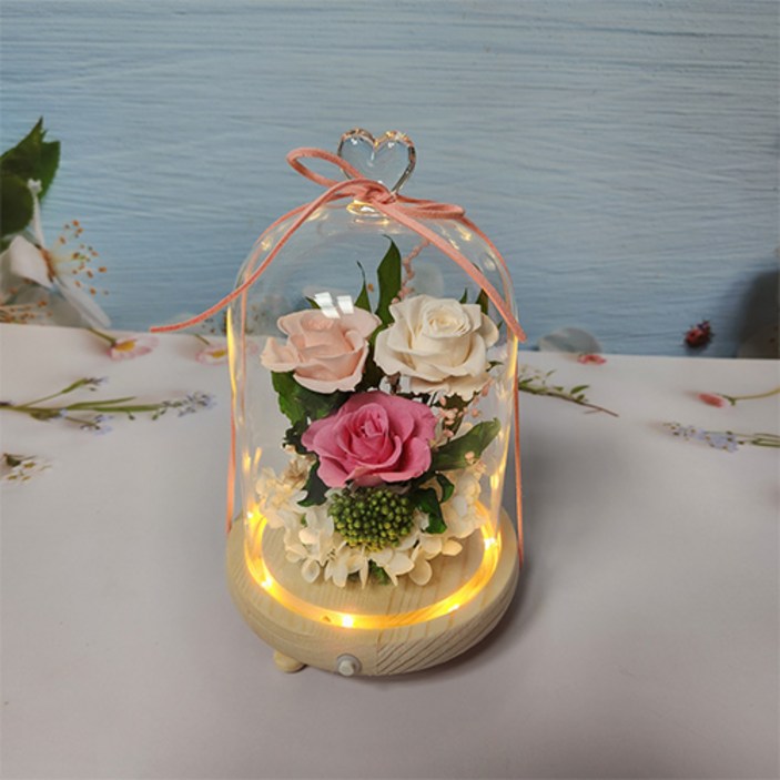 꽃무드등 LED 버튼 프리저브드 장미 3송이 하트 유리볼 장미무드등 꽃무드등 화이트데이꽃 실내 인테리어 꽃조명 선물, 파랑 장미와 3송이