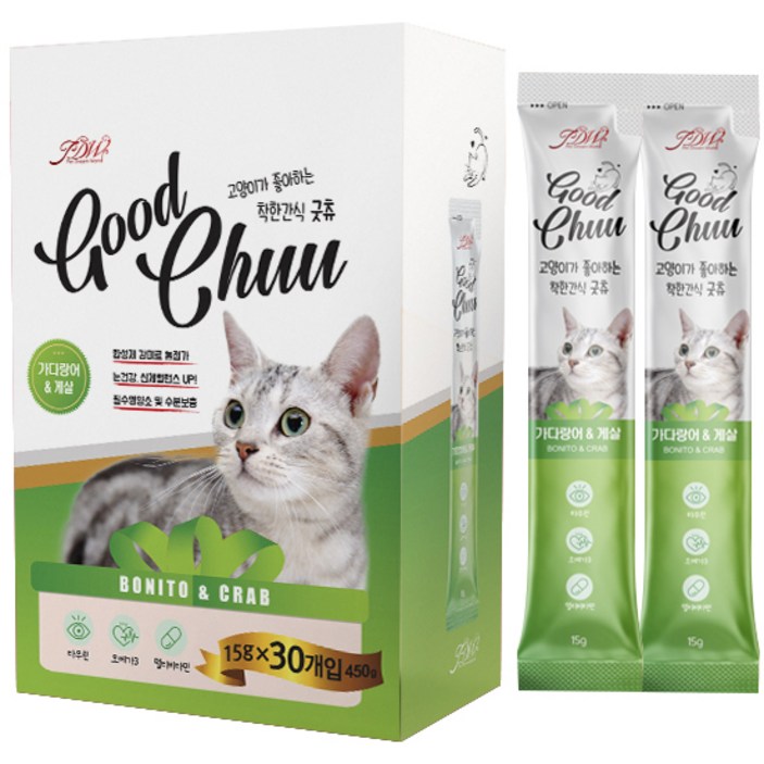 굿츄 고양이 짜먹는 고양이 간식, 가다랑어&게살, 15g, 30개