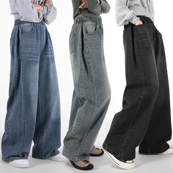 오버나인 여자 여성 숏 롱 기장 키큰녀 키작녀 벌룬 와이드 사이드 핀턱 밴딩 데님 청바지