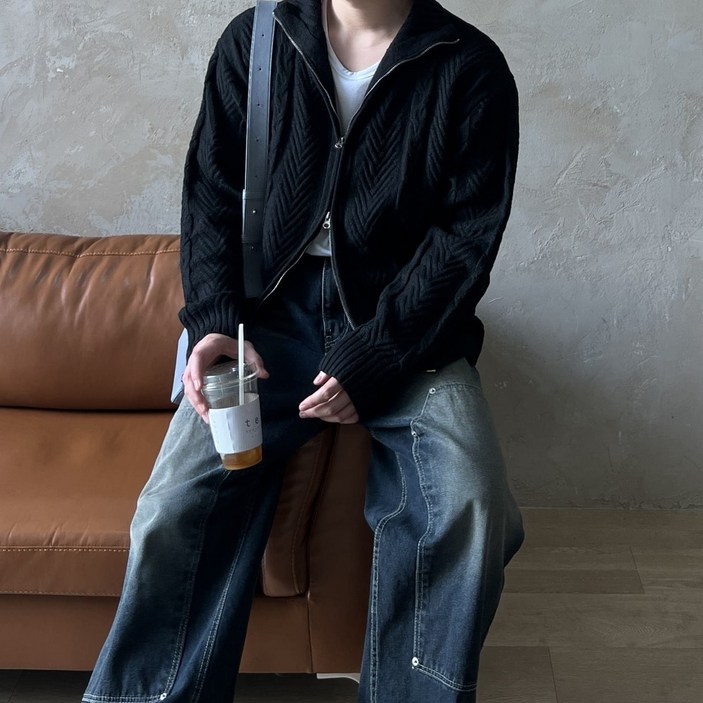 WOOL 80% 도톰 꽈배기 투웨이 오버핏 케이블 풀 남자 니트집업 두꺼운 헤비 집업니트