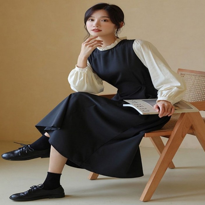 레이스 스커트원피스 롱원피스 블랙 넥라인 여성 허리끈 플레어스커트