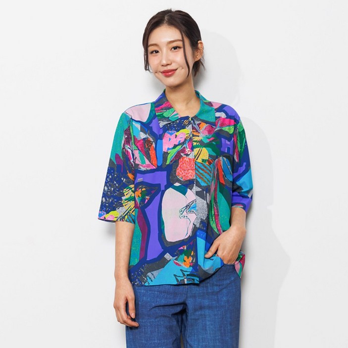 디아스토리 컬러풀 리프 카라 셔츠 (CHMPTF04)-네이비