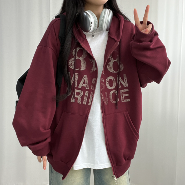 투웨이 메이슨 빈티지 오버핏 후드집업 4컬러 레터링 나염