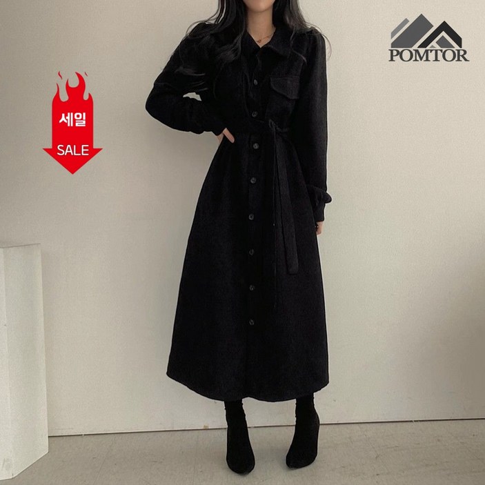 POMTOR 가을 겨울 여성 코듀로이 원피스 긴팔 카라 싱글 허리 조임 솔리드 프렌치 코르덴원피스