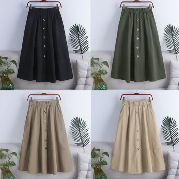 1+1 드림시오 사계절 코튼 A라인 여성 플레어 버튼 밴딩 스커트 롱치마