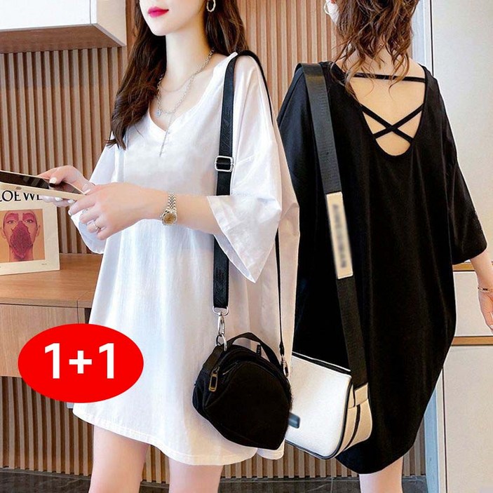 1+1 2장입 세트 여름 여성 루즈핏  뒤트임 패션 반팔 티셔츠 브이넥 캐주얼 데일리룩 의류 150KG까지 입는 날씬 빅사이즈