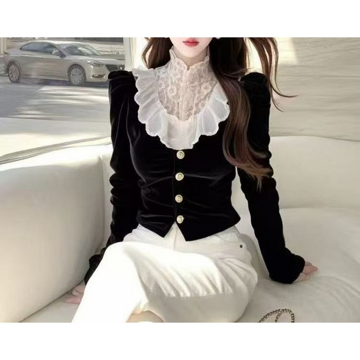 해피유통 여성 가을겨울 벨벳 레이스 셔츠 사랑스러운 디자인 레이스 브이넥 슬림 탑