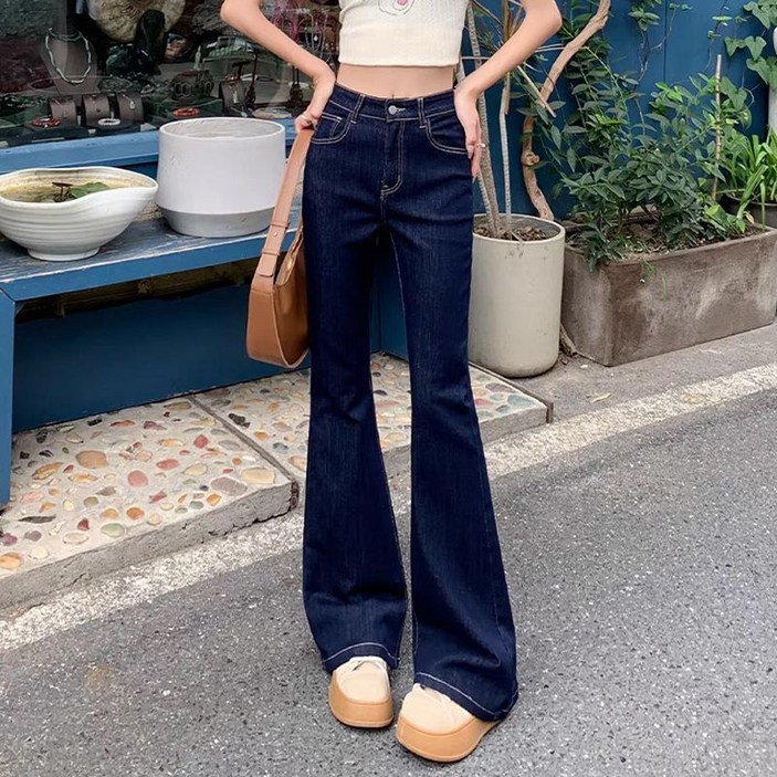 SAHINER 봄가을 여성용 하이웨이스트 부츠컷 와이드 빈티지 롱 데님팬츠 BNZ38