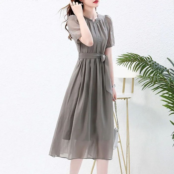 IWMAFT 여성 여름 쉬폰 원피스 반팔 라운드넥 허리 벨트 플리츠 롱 원피스 슬림핏 우아한 드레스 SQ996