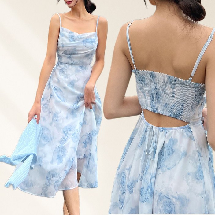 비키비키 로웰라 여성 원피스 비치 나시 롱 쉬폰 밴딩 플라워 체형커버 비치웨어