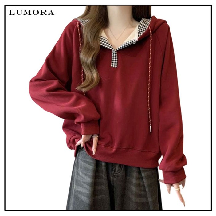 LUMORA 여성용 긴 소매 후드 티셔츠 가을 겨울 V넥 루즈 핏 상의 SL1086