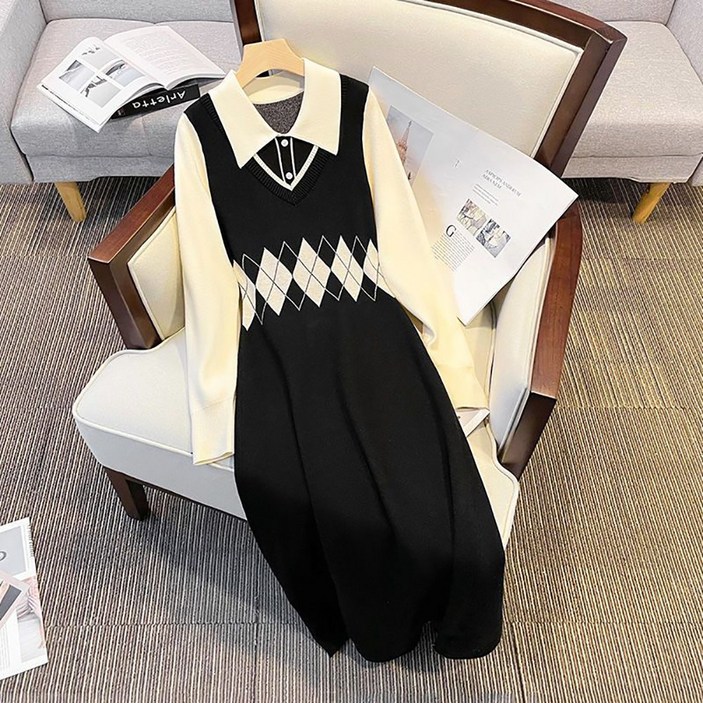 지고다그 여성 가을 간절기 니트 긴팔 원피스 기하학 디자인 카라 디테일 클래식 드레스 LJM1783