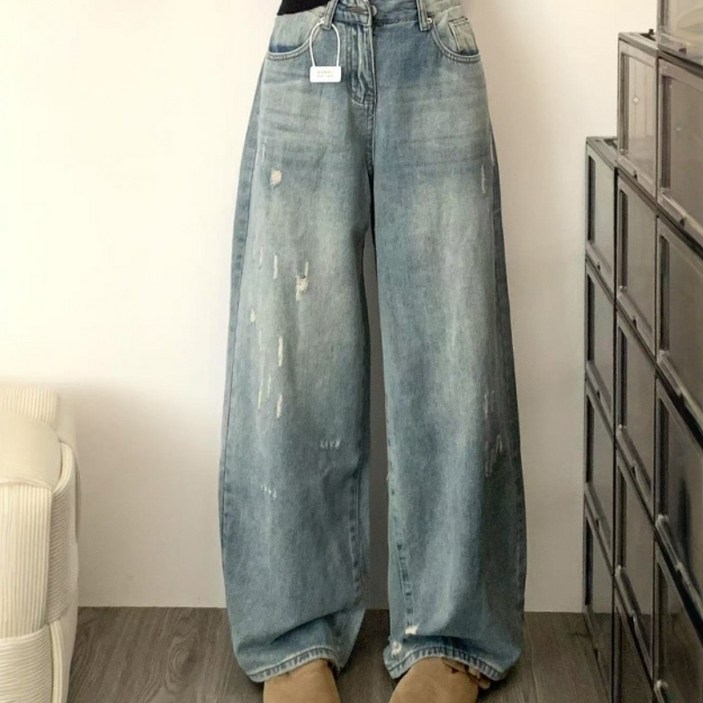 TIMEPURE 여성 빈티지 스트레이트 데님 팬츠 하이웨이스트 슬림 와이드