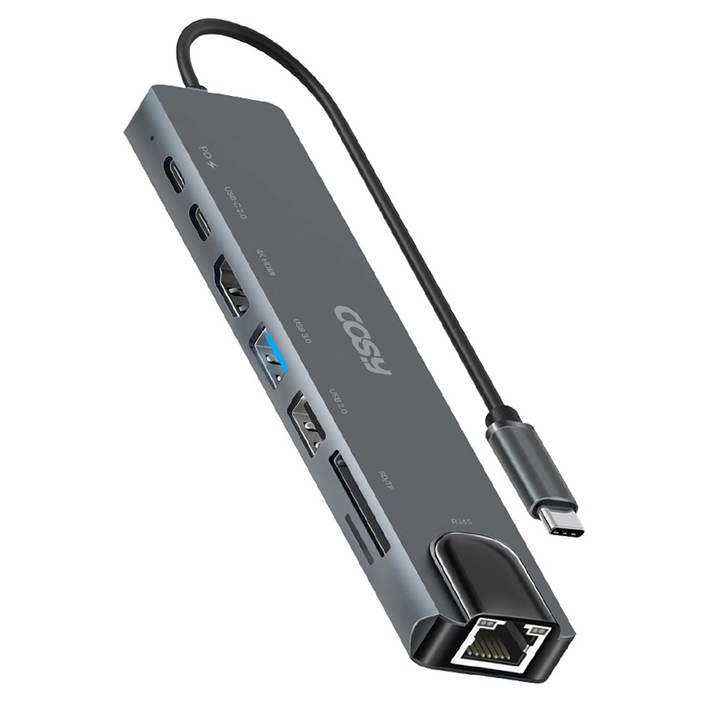 코시 8포트 C타입 이더넷 멀티 USB허브 PD USB3.0 USB A C타입 USB2.0 LAN 4K HDMI SD TF, 그레이, 1개 코시 8포트 C타입 이더넷 멀티 USB허브 PD USB3.0 USB A C타입 USB2.0 LAN 4K HDMI SD TF, 그레이, 1개