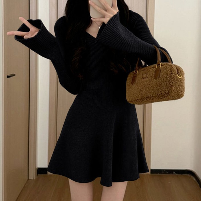 구디프 여성용 골지 니트 프렌치 플레어 미니 원피스