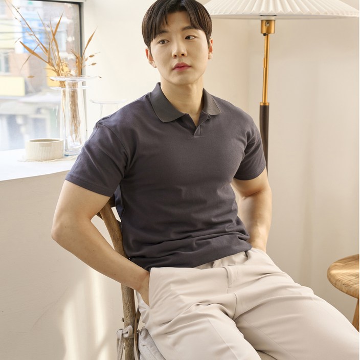 남자 머슬핏 반팔 오픈 카라 티셔츠