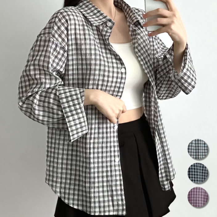 핏몬 여성 체크 루즈핏 구김없는 시어서커 박시 남방 롱 셔츠 55~77