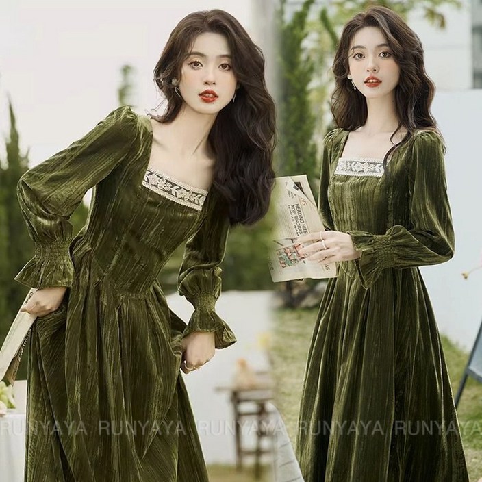 겨울오피스룩원피스 결혼식하객원피스 하객 여신 원피스 롱 벨벳스커트 슬림 여성 하객 드레스 D99U