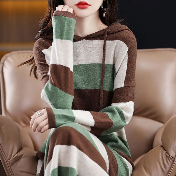 지고다그 여성 가을겨울 스트라이프 니트 후드 원피스 루즈핏 중장기장 데일리룩 ZXC43113