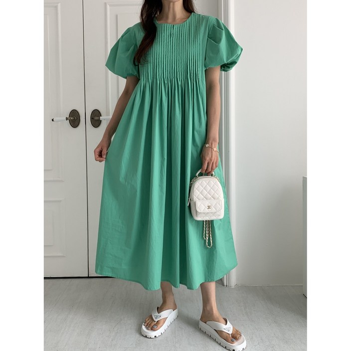 주름 핀턱 디테일 퍼프소매 A라인 롱원피스 빅사이즈 임부복