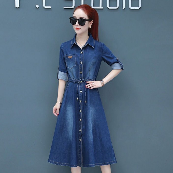 Yanrz 데님 원피스 여자 봄가을 조임 미디 긴팔 a라인 스커트 23N518