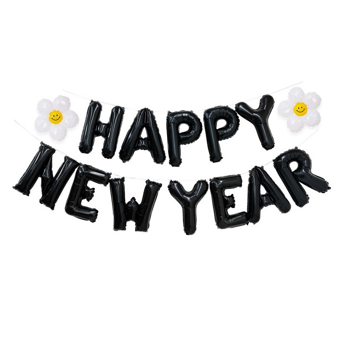 로나파티 은박풍선 HAPPY NEW YEAR 블랙 데이지 꽃풍선, 1개, 해피뉴이어 이니셜 풍선 블랙  데이지S 2P