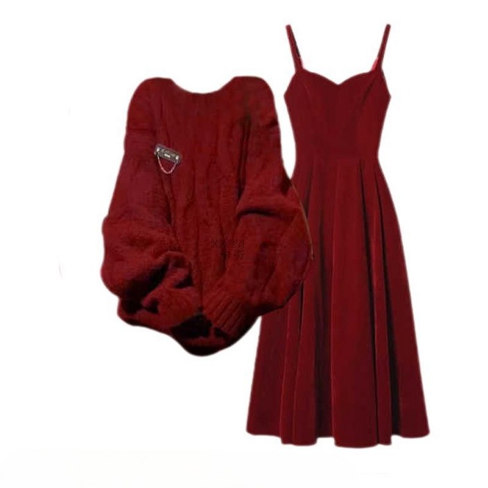 해피유통   여성용 겨울 정장 크리스마스 신년 분위기 니트 스웨터 원피스 투피스   BJJ001