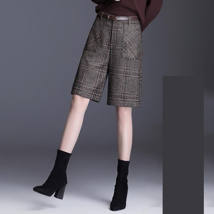 중년 여성 모직 반바지 캐주얼 가을 겨울 하이웨이스트 바지 루즈핏 와이드 팬츠 기질 체크 5부 모직 반바지 ZN