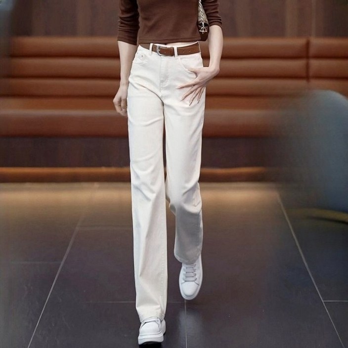 해피유통 여성 봄여름 루즈핏 흰색 청바지 심플 디자인 하이웨이스트 스트레이트 팬츠