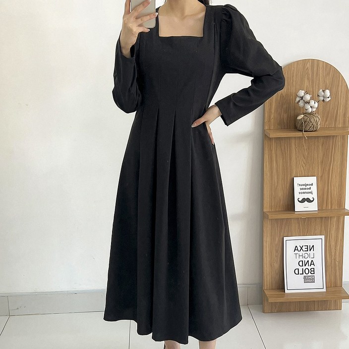퍼니걸스 7204 스퀘어넥 어깨 셔링 퍼프 핀턱 주름 긴팔 A 라인 롱 원피스