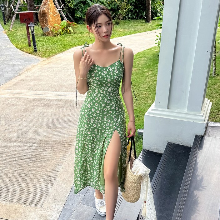 비치팜마가렛 트임 그린 플라워 비치 원피스