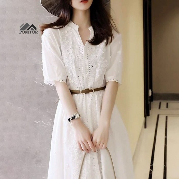 POMTOR 여성 화이트 레이스 프렌치 펀칭 원피스 빅사이즈 휴양지룩